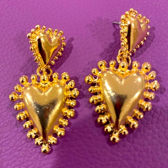 Gold Heart Drop Earrings - Picture 3 of 4